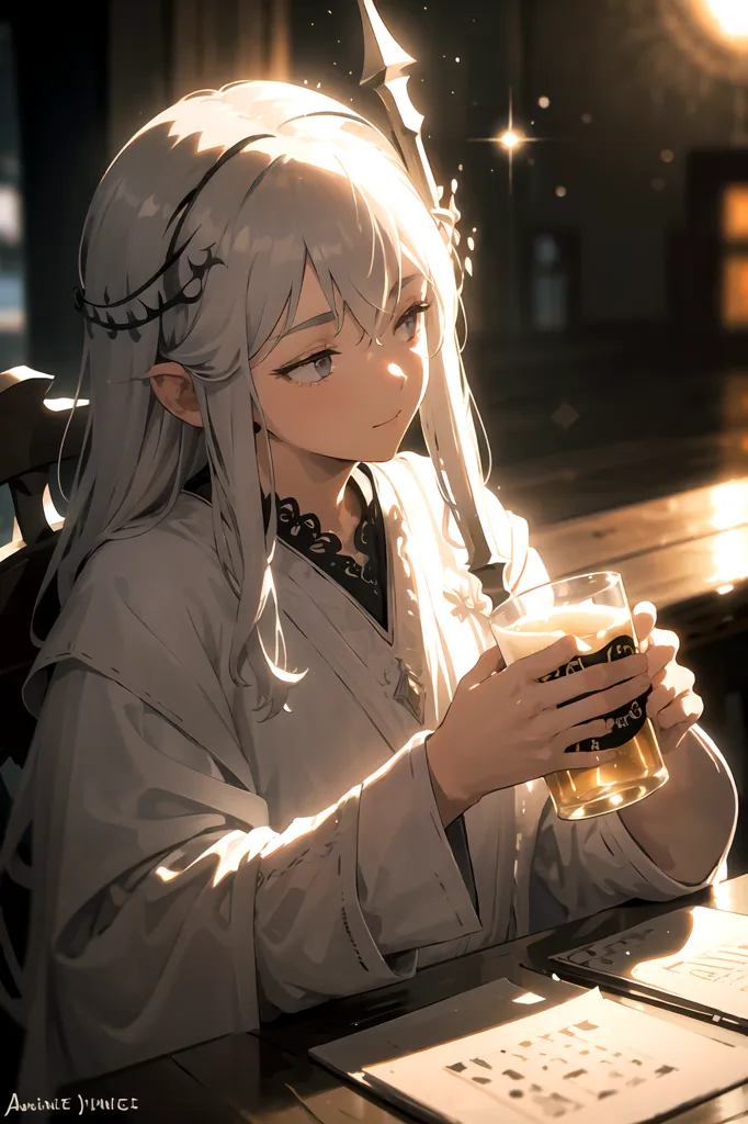 The picture shows a beautiful anime girl with long white hair and silver eyes. She is wearing a white dress with a black corset. She is sitting at a table, holding a glass of beer in her right hand. On the table are some papers and a quill pen. There is a book to her left. Behind her is a wooden chair.