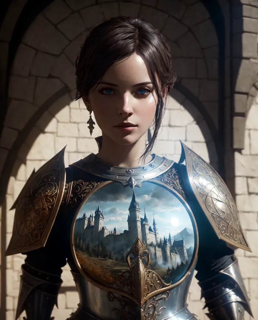 This is an image of a young woman in armor. She is standing in front of a stone building. The woman is wearing a breastplate with a landscape scene painted on it. She has brown hair and blue eyes. She is looking at the viewer with a serious expression.