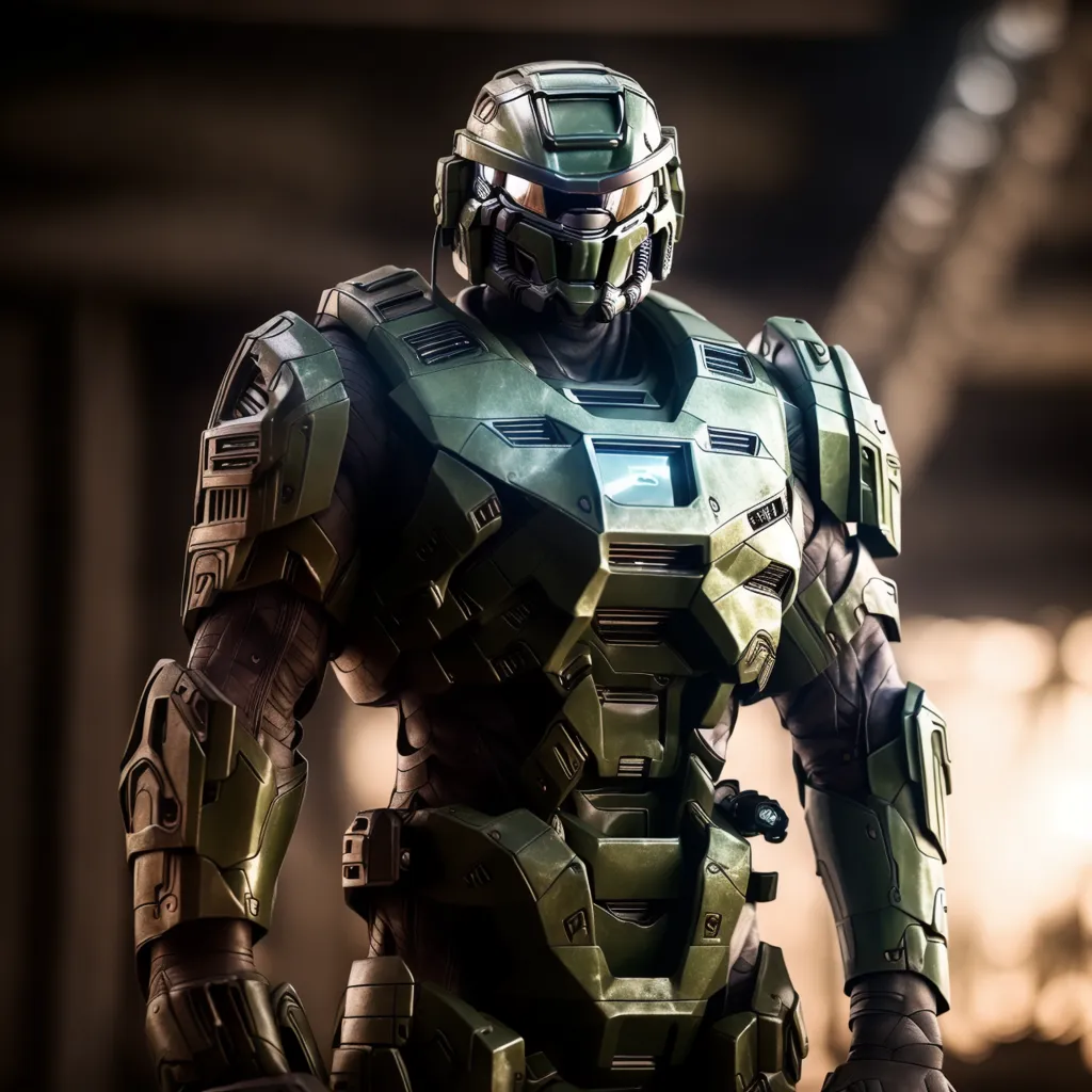 The image is of a soldier wearing a green powered armor suit. The armor has a helmet with a green visor, and a chest plate with a blue light in the center. The soldier is standing in a dark room, with a destroyed building in the background.