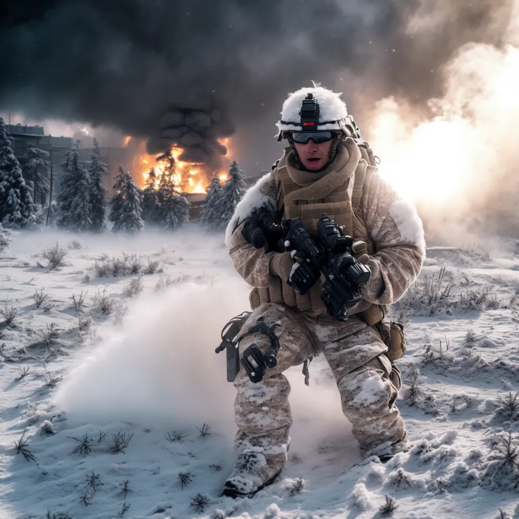 La imagen muestra a un soldado en medio de un bosque nevado. Lleva un uniforme de camuflaje blanco y marrón, un casco y gafas. También lleva un arma. En el fondo, hay un gran incendio. El soldado probablemente se está cubriendo del fuego.