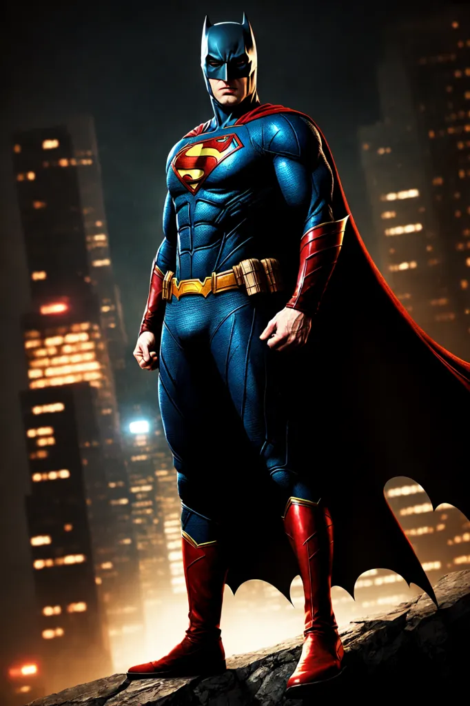 The image shows a superhero wearing a blue and red suit with a yellow belt and a red cape. He is standing on a rooftop, looking out over a city. The city is in the background and is out of focus. The superhero is in the foreground and is in focus. He has his hands on his hips and is looking to the left. He has a determined expression on his face.