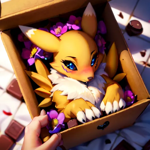 The image shows a small, yellow fox-like creature sitting in a cardboard box. The creature has blue eyes and pink blush on its cheeks. It is wearing a flower crown and has a chocolate bar in its paws. The box is decorated with flowers and chocolates. A human hand is holding the box and there are chocolates scattered on the table.