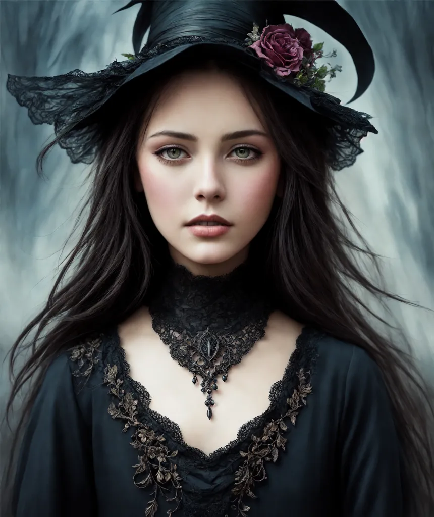 The image is a portrait of a young woman with long, dark hair. She is wearing a black hat with a wide brim and a black dress with a high collar. The dress is decorated with gold and silver embroidery. The woman has a pensive expression on her face. She is looking at the viewer with her head tilted slightly to one side.