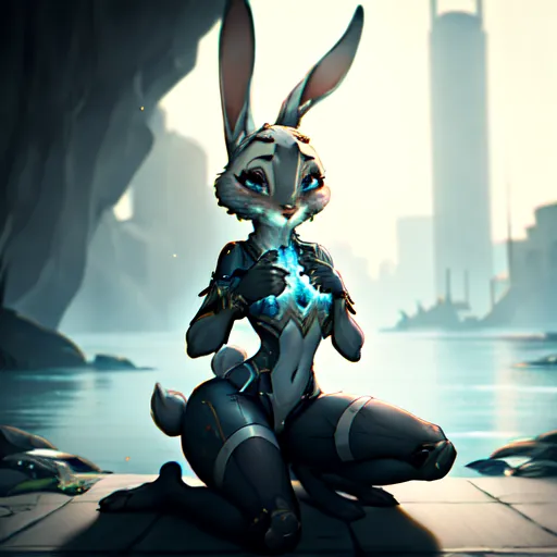 The image is of a humanoid rabbit with large ears and a muscular build. She is wearing a skin-tight blue and gray suit with various technological gadgets and gizmos attached to it. She is kneeling on the edge of a pier with an urban cityscape in the background. The rabbit's expression is one of determination and focus.