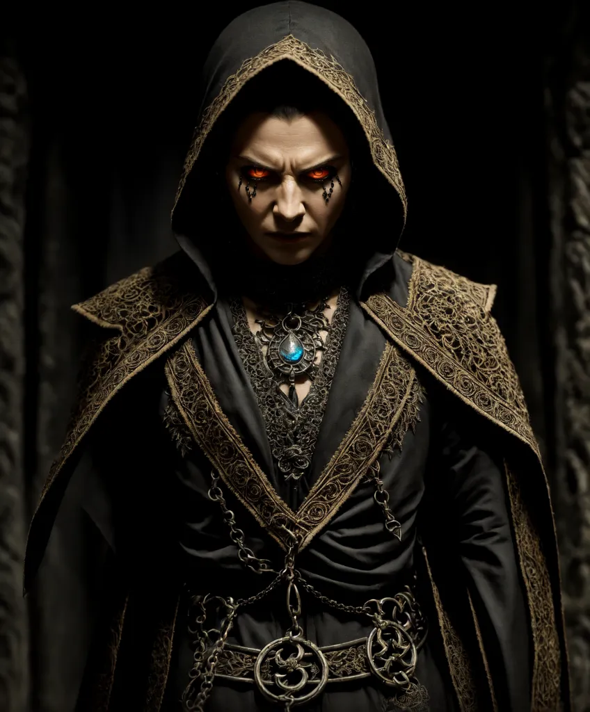 This image shows a dark figure wearing a black robe with gold trim. The figure's face is obscured by a hood, but its glowing red eyes are visible. The figure is also wearing a necklace with a large blue gem in the center. The figure is standing in a dark room, and there is a sense of mystery and danger about it.