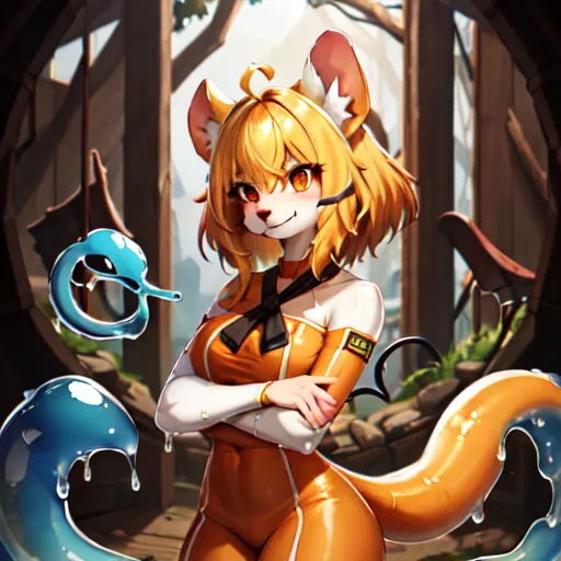 The image is of a young woman with orange hair and fox ears. She is wearing an orange jumpsuit with a white collar. She has a confident expression on her face and is standing with her arms crossed. There is a blue and white slime creature next to her. The background is a wooden structure with a forest in the distance.