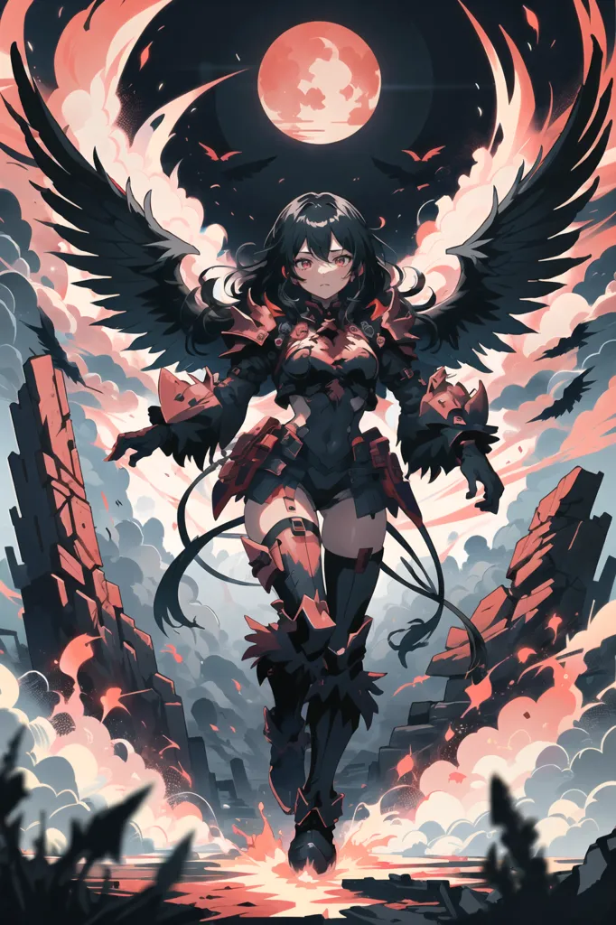 This is an image of a fallen angel with long black hair and red eyes. She is wearing a black and red bodysuit with a pair of black wings. She is standing in a dark, ruined city. There are large rocks floating in the air around her. The moon is red and there are clouds in th