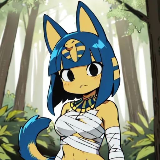 The image is of Ankha, a character from the Animal Crossing video game series. She is depicted as a young woman with cat ears and a tail, wearing a white and blue striped dress. She has a snake wrapped around her head like a crown. She is standing in a forest, surrounded by trees. The image is drawn in a cartoon style, and Ankha is depicted with large, expressive eyes. She is smiling and has a playful expression on her face.