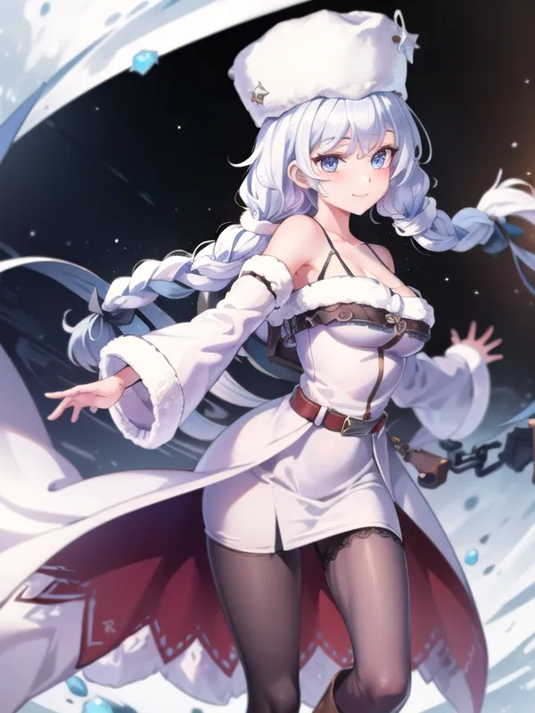 The image is of a young woman with long white hair and blue eyes. She is wearing a white dress with a fur collar and a white hat with fur trim. She is also wearing black stockings and brown boots. She is standing in a snowy landscape and is surrounded by snowflakes.