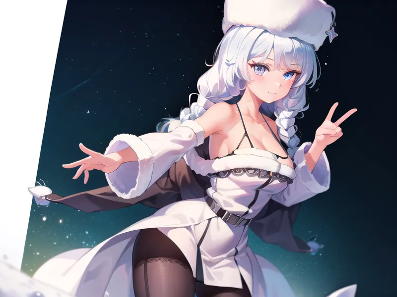 The image is of a young woman with long white hair and blue eyes. She is wearing a white dress with a fur collar and a white hat with a fur trim. She is also wearing black stockings and brown shoes. She is standing in front of a dark blue background with a starry night sky. She has a friendly expression on her face and is making a peace sign with her fingers.