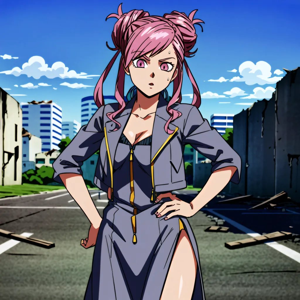 This is an image of a woman with pink hair and purple eyes. She is wearing a purple dress with a yellow zipper and a grey jacket. She is standing in a destroyed city with rubble all around her. She has her hands on her hips and looks shocked and/or surprised.