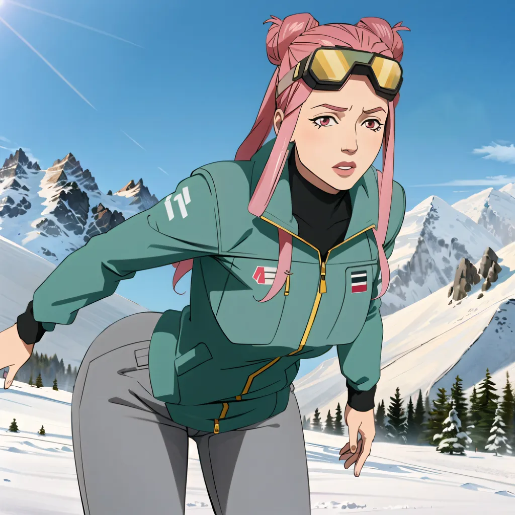 The image shows a young woman dressed in a green and gray snowsuit. She is wearing pink goggles and has pink hair tied up in two buns. She is skiing down a snowy mountain and looking to her left with a determined expression. In the background, there are snow-covered mountains and trees. The sky is blue with white clouds.