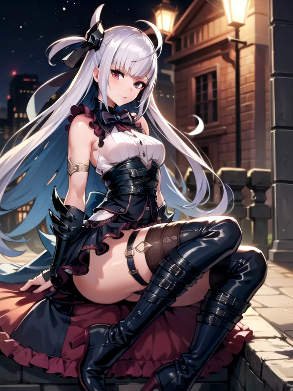 The image is an anime-style drawing of a young woman with long white hair and purple eyes. She is wearing a black and white dress with a corset and a long black coat. She is also wearing black boots and a black hat. She is sitting on a railing in a city at night. There are buildings and streetlights in the background. The woman is looking at the viewer with a serious expression.