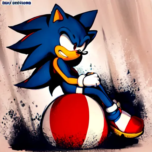 The image shows Sonic the Hedgehog, a blue anthropomorphic hedgehog from the popular video game series of the same name. He is sitting on a red and white striped beach ball, with his right hand resting on the ball and his left hand holding his chin. He is looking to the right of the frame with a confident expression on his face. He is wearing his signature red and white shoes and white gloves. The background is a light gray color.