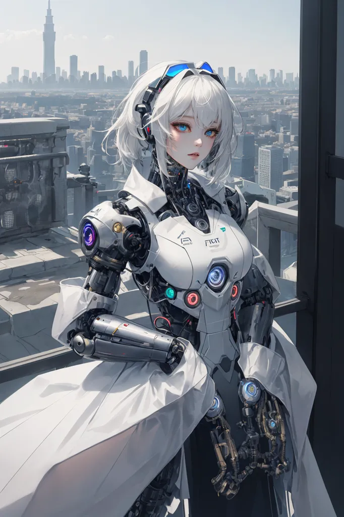 The image is of a female robot standing on a rooftop. She is wearing a white bodysuit with black and blue details. She has long white hair and blue eyes. There is a city in the background.