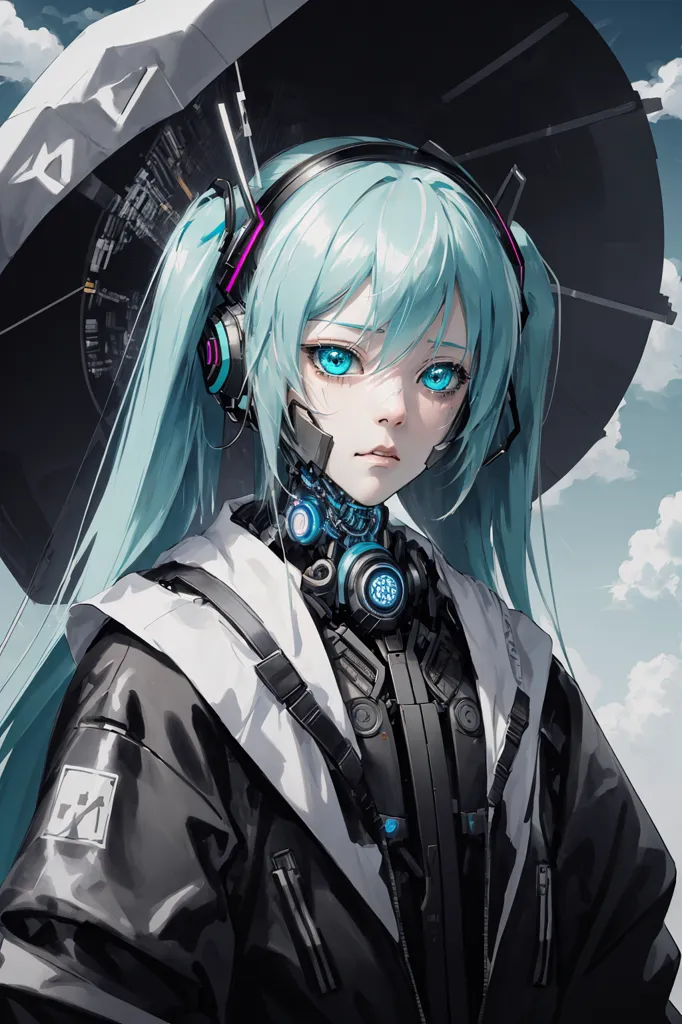 This is an image of a young woman with blue hair and blue eyes. She is wearing a black and white jacket with a hood. The hood is up and she is looking at the viewer with her left eye. She has a cybernetic implant on her neck and a glowing blue device on her chest. Her hair is long and flowing and she has a small umbrella on her head. The background is a cloudy sky with a large structure in the distance.