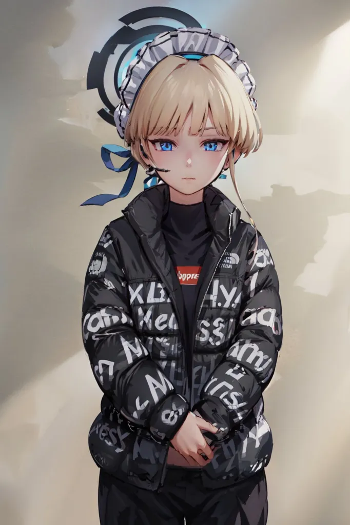 The image is of a young woman with blonde hair and blue eyes. She is wearing a black puffy jacket with white and red writing on it. The jacket has a white collar and a blue bow on the left side. She is also wearing a white apron with a blue bow on the left side. She has a black choker around her neck and a black headset with a microphone on her head. She is standing in front of a white background with a spotlight on her.