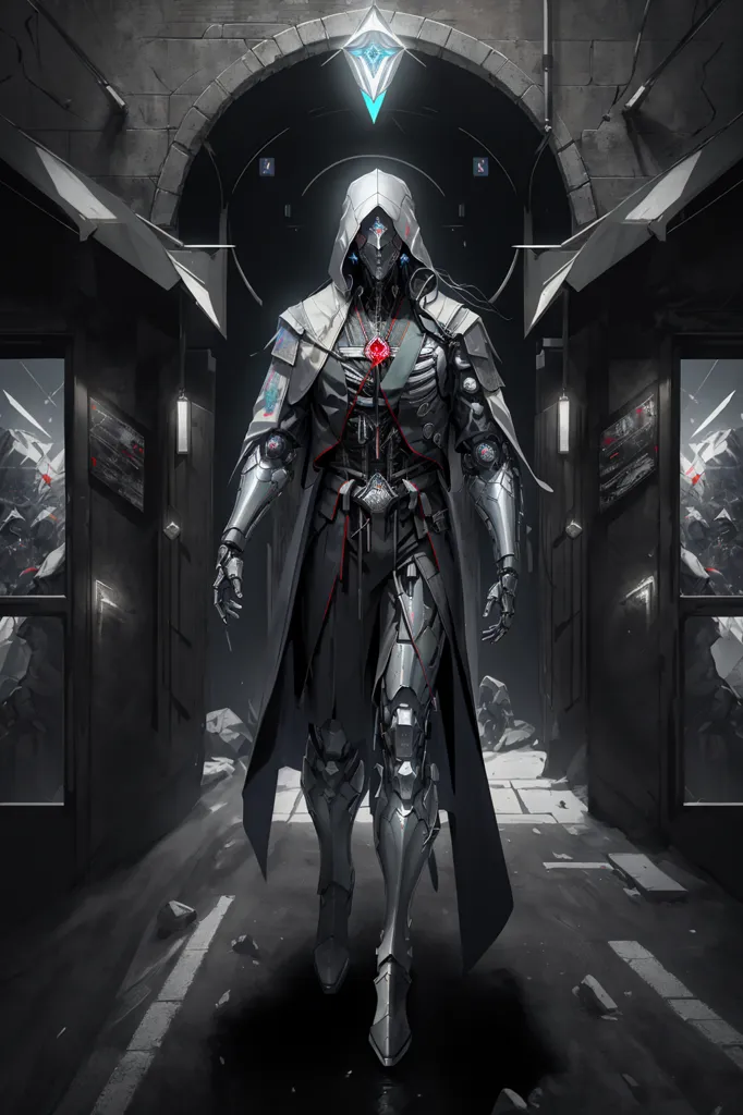 This is an image of a robot. It is made of metal and has a black and gray color scheme. The robot is wearing a cloak and a hood. It has a red scarf around its neck. The robot's eyes are glowing red. It is standing in a dark room. There is a bright light in the background.