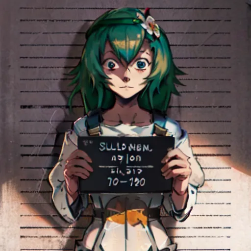 The image shows an anime-style girl with green hair and eyes. She is wearing a white dress and a green jacket. She is also wearing a sign around her neck that says \