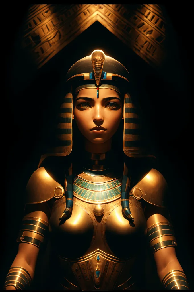 The image shows a woman, presumably an Egyptian queen or goddess, wearing an elaborate headdress and golden breastplate. The woman has dark hair and green eyes, and her face is serene and beautiful. She is wearing a golden necklace and earrings, and her headdress is adorned with cobras. The background is dark, but there are some hieroglyphs visible on the wall behind her.