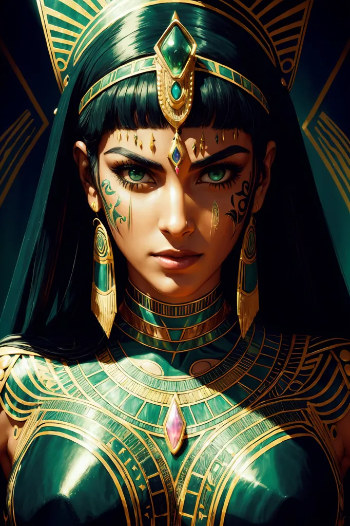 Esta imagen muestra a una mujer, presumiblemente una reina o diosa egipcia, con ojos verdes y cabello verde oscuro, que lleva un elaborado tocado y joyas de oro. Está vestida con un atuendo verde y dorado con un collar dorado y una capa verde. El fondo es oscuro con un resplandor verde a su alrededor.