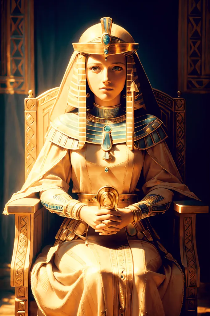 The image shows a young woman with light brown skin and dark brown eyes. She is wearing an elaborate headdress and a golden gown with blue and green accents. She is sitting on a throne and is holding a golden staff in her hands. The background is dark and there are Egyptian hieroglyphs on the walls.