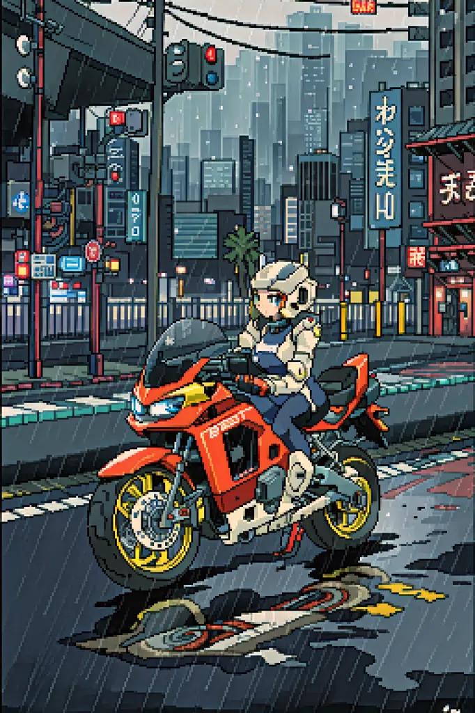 The image is a pixelated illustration of a city street at night. It is raining and the street is wet. There are buildings on either side of the street and a motorcyclist is riding down the street. The motorcyclist is wearing a white helmet and a black jacket. The motorcycle is red and black. The buildings are tall and brightly lit and there are signs and advertisements on the buildings. There are also cars parked on the side of the street.