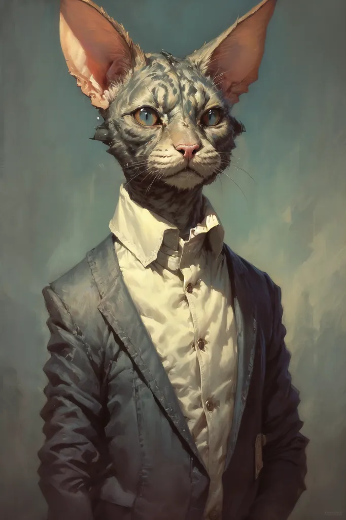 This image shows a cat wearing a white dress shirt and black suit jacket. The cat has blue eyes, a grey coat with black stripes, and large ears. The cat is looking at the viewer with a serious expression. The background is a dark blue color.