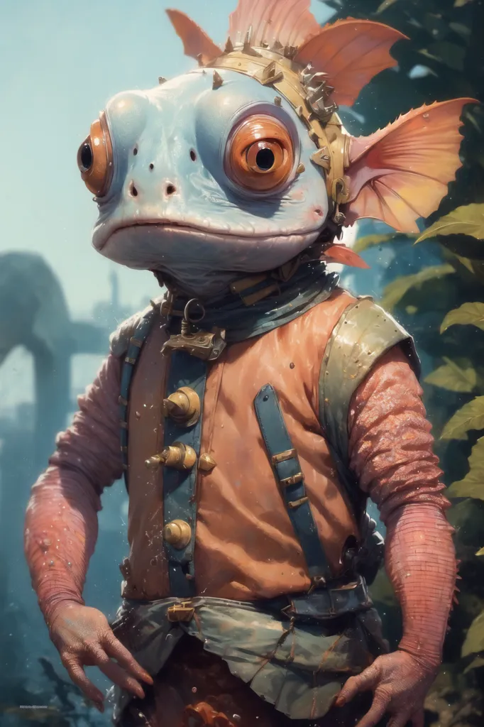 The image shows a blue frog-like creature standing on two legs. It is wearing a brown vest with many buckles and straps and has a collar around its neck. It has large orange eyes and a wide mouth. Its head is protected by a helmet made of two large pink fins and a metal plate on the forehead. The creature is standing in a lush green environment with large green leaves in the background.