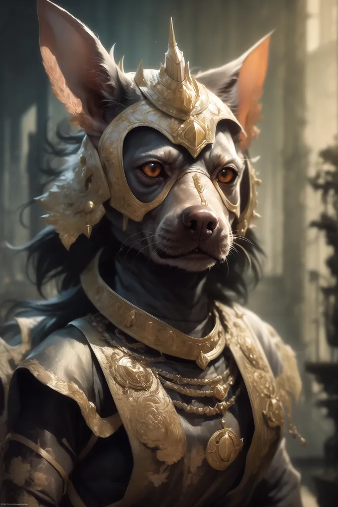 The image shows a dog wearing a golden helmet and armor. The dog has brown fur and black eyes. The helmet has a visor that covers its mouth and nose. The armor is made of several pieces of metal that are connected by straps and buckles. The dog is standing in a dark room. There is a building in the background.