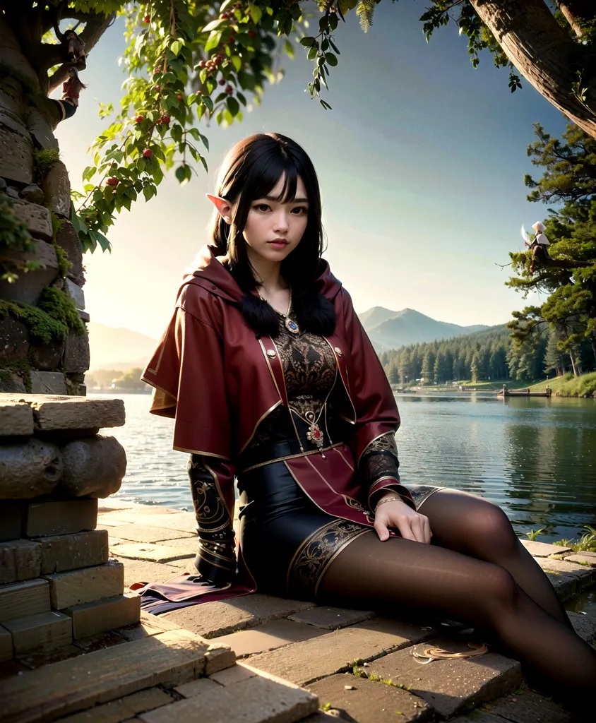 The image is of a beautiful young woman with long black hair and pointed ears. She is wearing a red and black dress with a white camisole. She is sitting on a stone bench next to a lake, with a large tree with red berries behind her. In the distance are mountains. The water in the lake is calm and still. The sky is blue with hazy clouds.