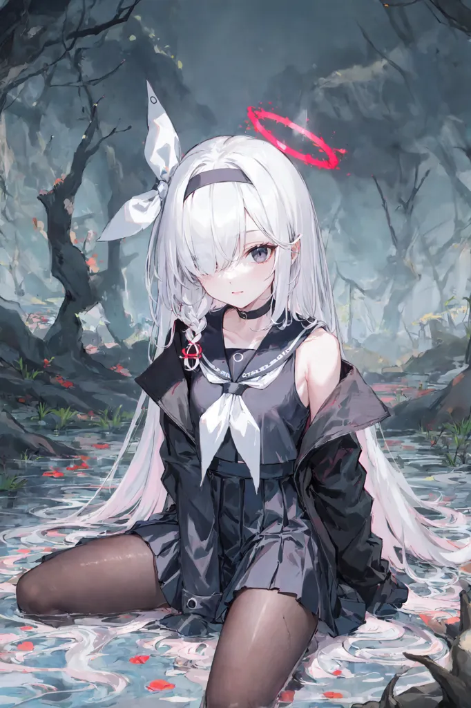 The image is of an anime-style girl with long white hair and purple eyes. She is wearing a black and white sailor-style outfit with a red tie. She is sitting in a forest with water on the ground, surrounded by trees. She has a halo above her head.