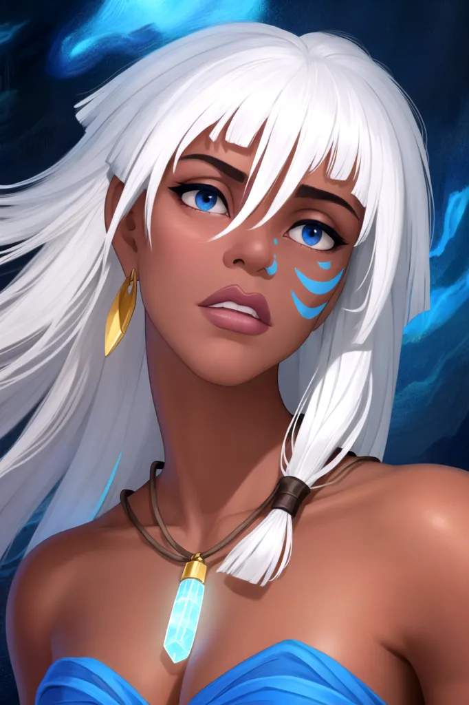 This is a picture of a young woman with white hair and blue eyes. She is wearing a blue necklace and a blue dress. She has a light blue streak painted on her left cheek and a light blue diamond painted on her right cheek. She is looking at the viewer with a serious expression.