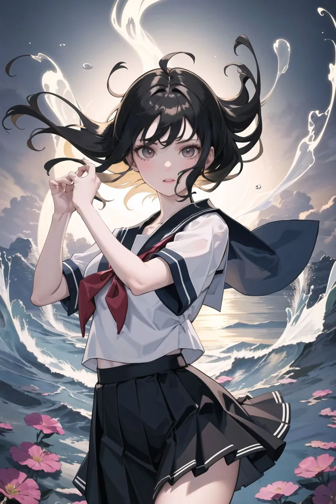 La imagen es una pintura de una mujer joven con cabello negro largo y ojos marrones. Está usando un uniforme de estilo marinero blanco y azul. El fondo es un mar tormentoso con grandes olas estrellándose contra la orilla. La mujer está de pie en un acantilado rocoso, con su cabello soplando en el viento. Tiene una expresión decidida en su rostro, como si estuviera a punto de enfrentar un desafío.