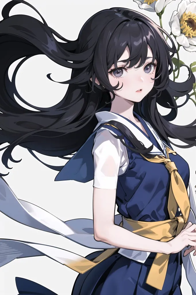 The image shows a young girl with long black hair and brown eyes. She is wearing a white shirt, a blue vest, and a yellow tie. She is also wearing a white and yellow headband. The girl is standing in front of a white background, and there are some white and yellow flowers in her hair. The girl's expression is serious.