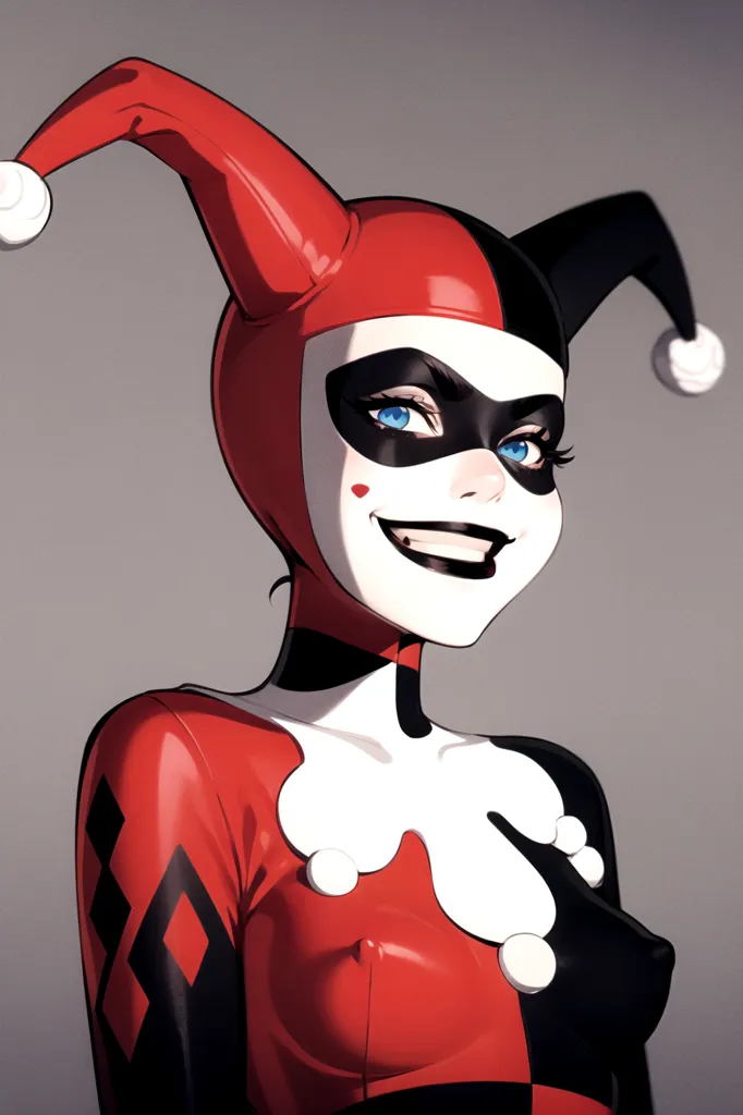 La imagen es un retrato de Harley Quinn, un personaje del universo de DC Comics. Se la representa con su clásico traje de arlequín rojo y negro, completo con un sombrero de arlequín, un cuello blanco y un mono con estampado de diamantes. Su rostro está pintado de blanco con un labio rojo, y tiene una sonrisa amplia y traviesa en su rostro. También se la muestra con ojos azules.