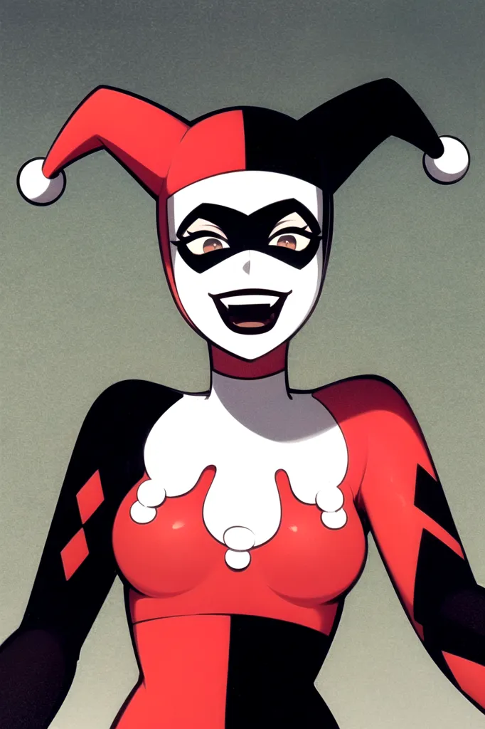 The image is of Harley Quinn, a character from the DC Comics universe. She is depicted in her classic red and black jester costume, with her hair tied in pigtails and her face painted white with a red lip. She has a crazed expression on her face and is shown from the shoulders up.