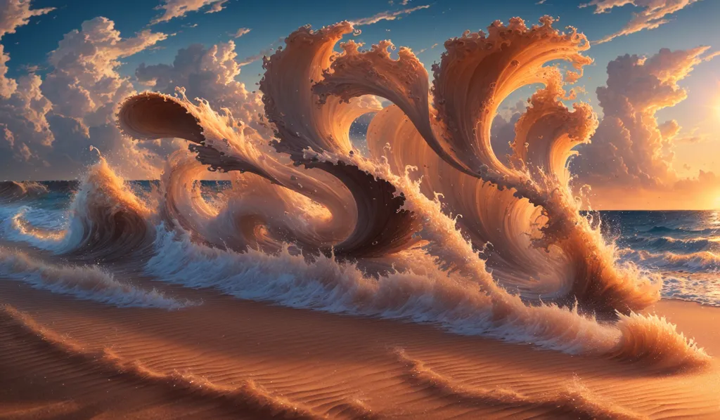 The image is a painting of a beach with large, stylized waves crashing on the shore. The waves are depicted as being made of a thick, viscous liquid, and they are suspended in mid-air as if frozen in time. The sky is a gradient of orange and yellow, and the sun is setting over the horizon. The beach is made of a fine, golden sand. The painting is done in a realistic style, and the artist has used a variety of techniques to create a sense of depth and realism. The overall effect is one of beauty and tranquility.