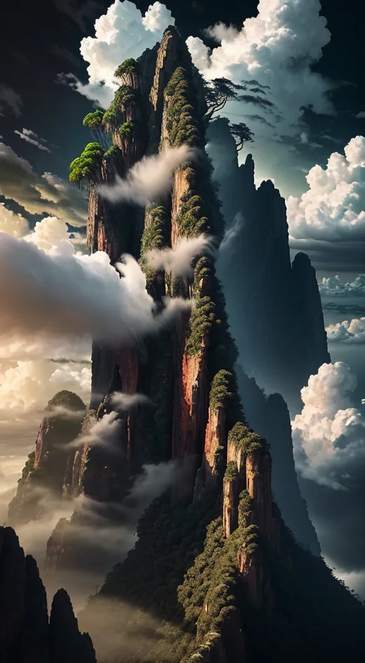 The image is a tall, narrow mountain peak that is covered in lush green vegetation. The peak is shrouded in clouds, and the sun is shining brightly behind it. The mountain is surrounded by other tall mountains, and the sky is filled with clouds. The image is very beautiful and serene, and it evokes a sense of wonder and awe.