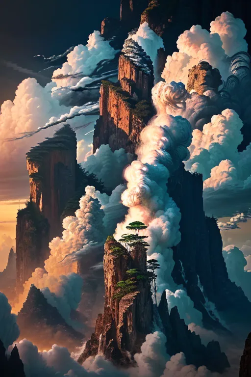 The image is a fantasy landscape painting. It shows a group of tall, rocky mountains rising out of a sea of clouds. The mountains are covered in snow and ice, and the clouds are lit up by the sun. There is a waterfall coming down from the mountains, and a small tree growing on one of the mountains. The painting is very detailed, and the artist has used a variety of colors to create a sense of depth and atmosphere.