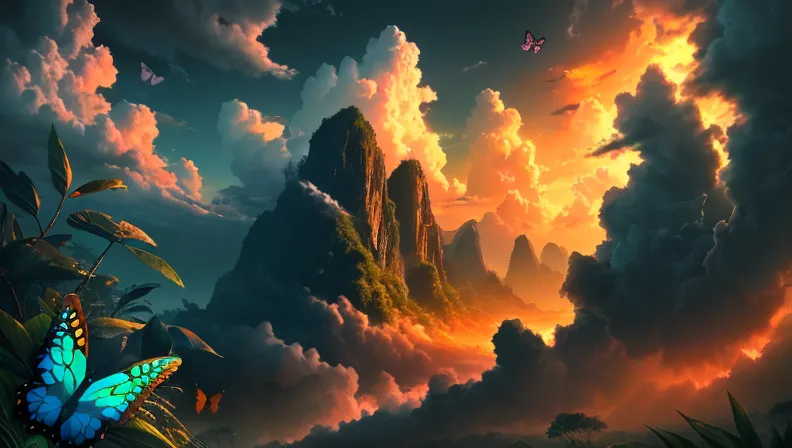 The image is a beautiful landscape painting. The sky is a gradient of orange and yellow, with clouds dotting the sky. There are also two butterflies in the sky. The mountains are covered in lush green vegetation, with a few trees standing out. The foreground of the image is a lush green jungle, with a few butterflies and plants. The image is very peaceful and serene, and it evokes a sense of wonder and awe.