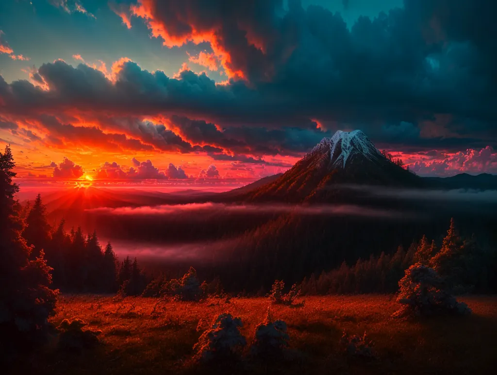 The image is a beautiful landscape painting in vibrant colors. The sky is a brilliant orange, red, and yellow, with dark clouds. The sun is setting behind a snow-capped mountain. The foreground is a lush green field with tall grass. There are also some trees in the foreground. The painting is done in a realistic style, and the colors are very saturated. The overall effect is one of beauty and tranquility.