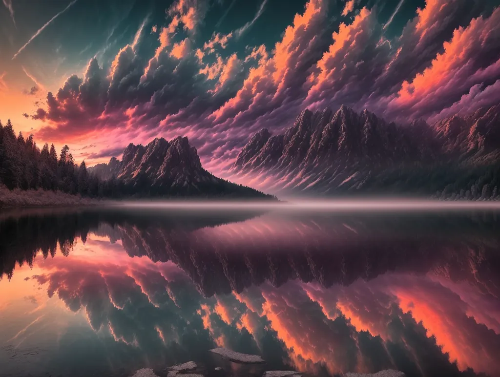 La imagen es una hermosa pintura de paisaje de un lago de montaña al atardecer. El cielo y las nubes son una mezcla brillante de naranjas, rosas y morados, reflejándose en la superficie del lago. Las montañas son majestuosas e imponentes. La imagen es muy pacífica y serena.