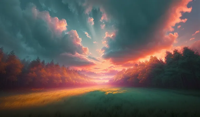 A imagem é uma bela pintura de paisagem. O céu é um gradiente de laranja, amarelo, rosa e azul, com nuvens pontuando o céu. O sol está se pondo atrás de uma floresta de árvores altas, lançando um brilho quente sobre a cena. O primeiro plano é um campo de grama alta, que também é banhado pela luz quente do sol. A pintura tem uma sensação muito tranquila e pacífica.