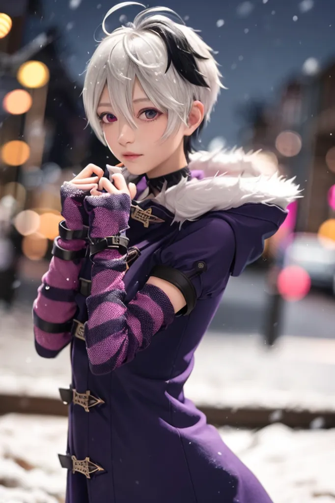 The image shows a young woman with short white and black hair. She is wearing a purple coat with a white fur collar. The coat is decorated with silver buttons and zippers. She is also wearing a pair of black and purple striped gloves. The woman is standing in a snowy street. There are blurred city lights in the background.