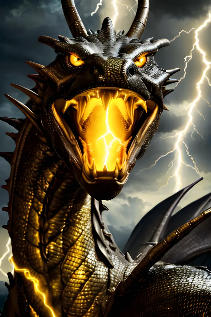 La imagen es una pintura digital de un dragón negro y dorado. El dragón tiene la boca abierta y está respirando fuego. Hay una tormenta oscura en el fondo.