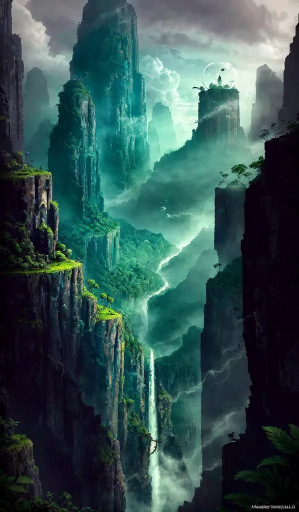 The image is a digital painting of a fantasy landscape. It depicts a deep valley with a river running through it. The valley is surrounded by tall cliffs that are covered in lush vegetation. There are waterfalls coming down from the cliffs and there are some trees growing on the cliffs. The sky is cloudy and there is a mist in the air. There is a castle on top of one of the cliffs. The painting is done in a realistic style and the colors are very vibrant.