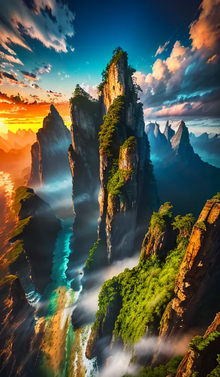 The image is a beautiful landscape painting of a mountain range at sunset. The sky and clouds are a brilliant orange that fades into darkness at the edges of the image. The mountains are covered in lush green vegetation and there is a river running through the valley in front of them. The image is very peaceful and serene and would be a great addition to any home or office.