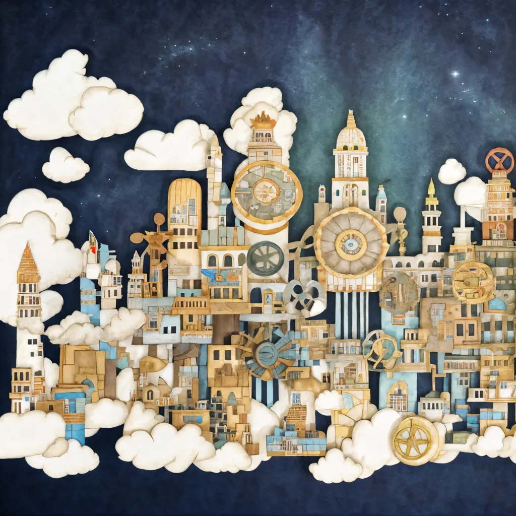 The image is a steampunk city. It is a city that is powered by steam and has a lot ofampunk elements. The city is built on a series of platforms that are connected by bridges and walkways. The buildings are made of a variety of materials, including metal, wood, and glass. There are a lot of gears and cogs in the city, which are used to power the machines. There are also a lot of pipes and tubes, which are used to transport steam and other liquids. The city is lit by a variety of lights, including gas lamps and electric lights. There are a lot of people in the city, who are all wearing steampunk clothing. The city is very busy and there is a lot of activity going on.