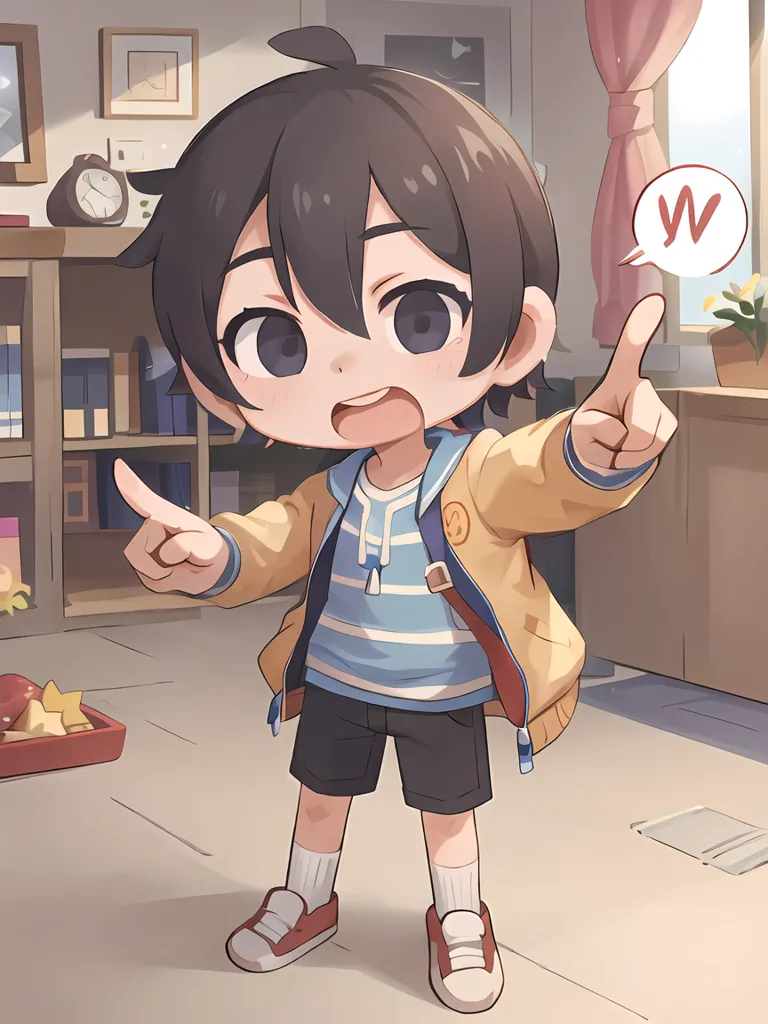 The image shows a young boy standing in a room. He has short brown hair and brown eyes. He is wearing a yellow jacket, a blue and white striped shirt, and black shorts. He is also wearing red and white sneakers. The boy is pointing with two fingers at something or someone off-camera with an excited expression on his face. There is a thought bubble with a "W" in it next to his head. The room he is standing in has a clock on the wall, a bookshelf, a potted plant, and a pink curtain.